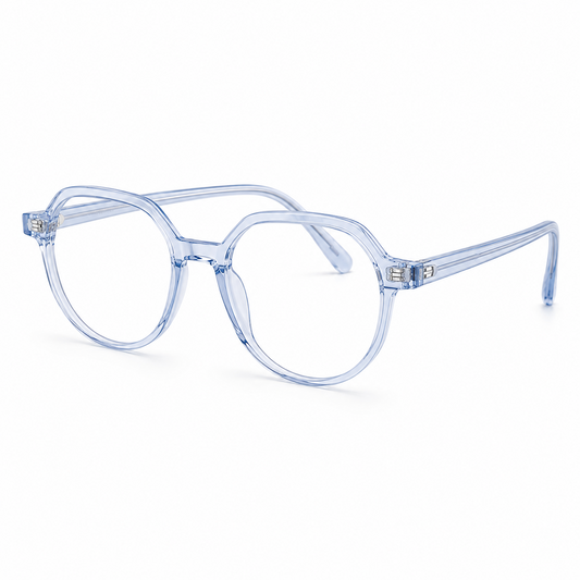 Daira Ciro™ premium optical frame in Ice Blue Crystal shown at a 45-degree left angle.