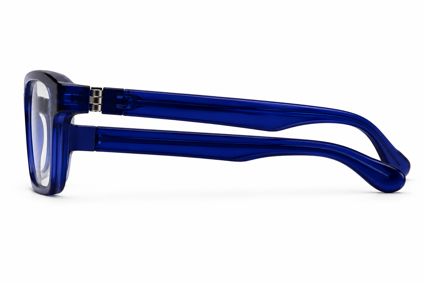 Side folded view of the Siri Sael premium optical frame in Cobalt Blue.