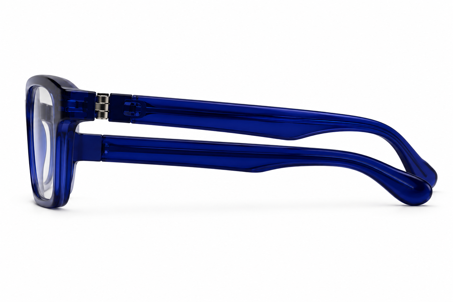 Side folded view of the Siri Sael premium optical frame in Cobalt Blue.