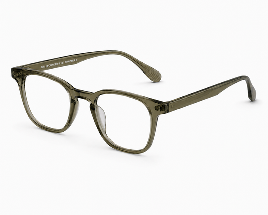 Left 45-degree view of the Almasi Kael™ Olive Mist optical frame showcasing its premium β-Ultem construction and contemporary square silhouette.