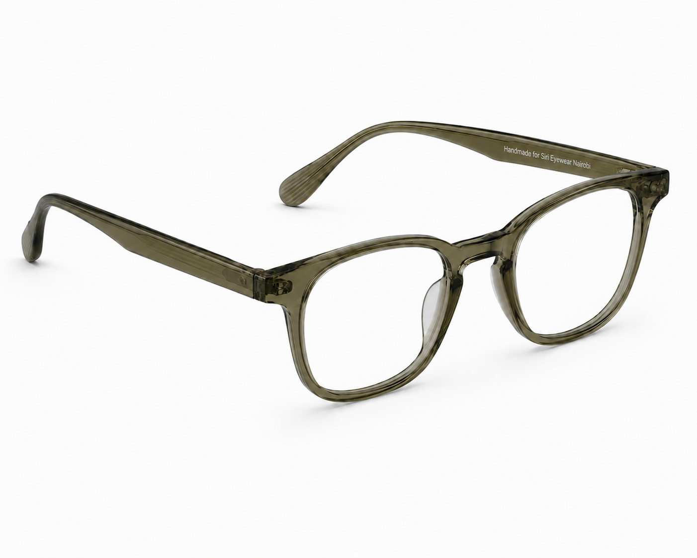 Right 45-degree view of the Almasi Kael™ premium optical frame in Olive Mist highlighting its lightweight design and translucent finish.