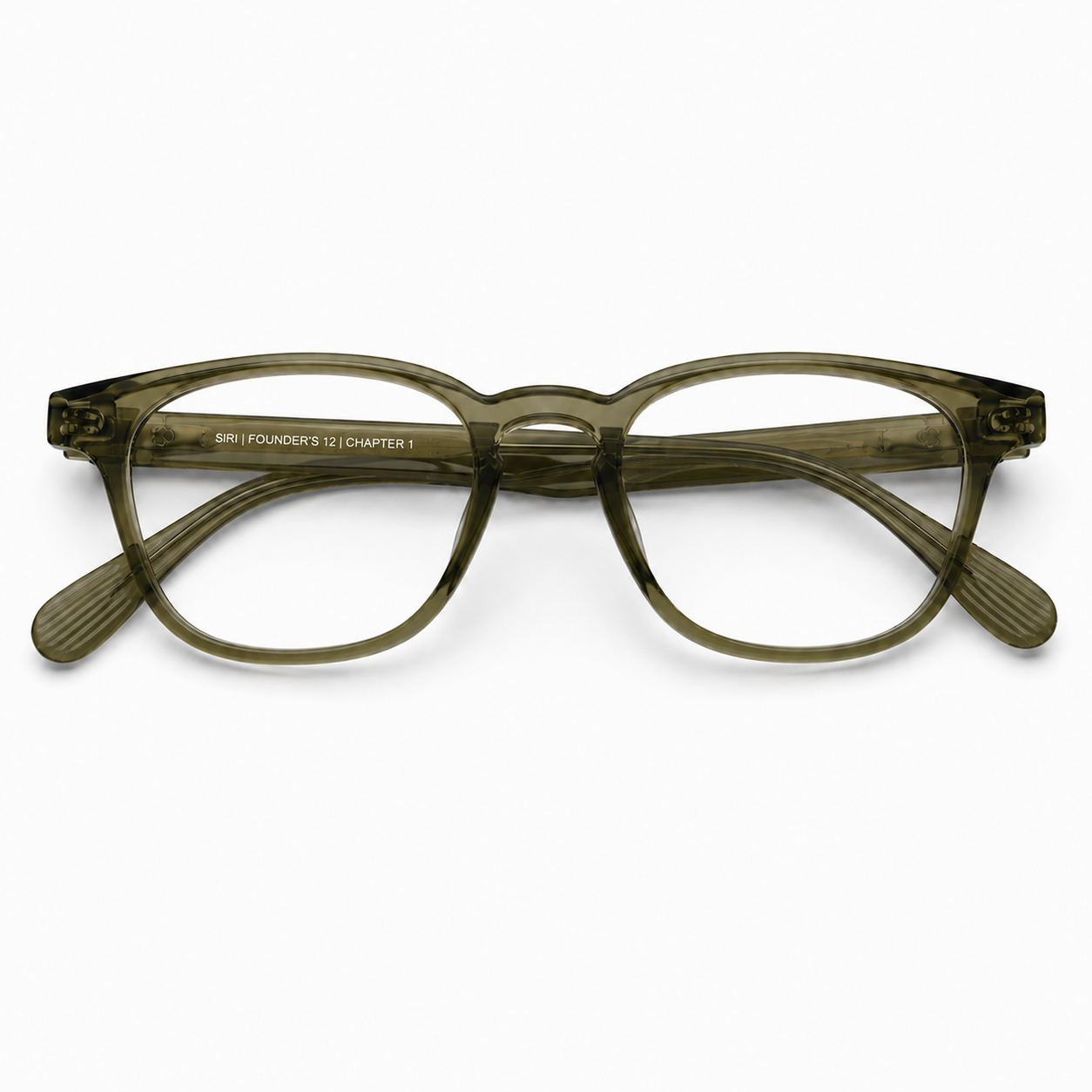 Folded flat view of the Almasi Kael™ Olive Mist optical frame showcasing its compact profile and refined premium craftsmanship.