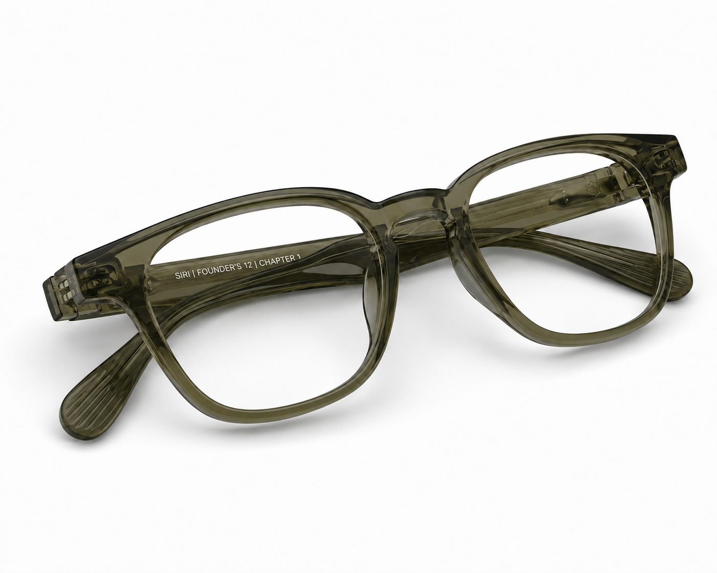 Folded side perspective of the Almasi Kael™ premium optical frame highlighting the translucent Olive Mist finish and elegant temple contours.