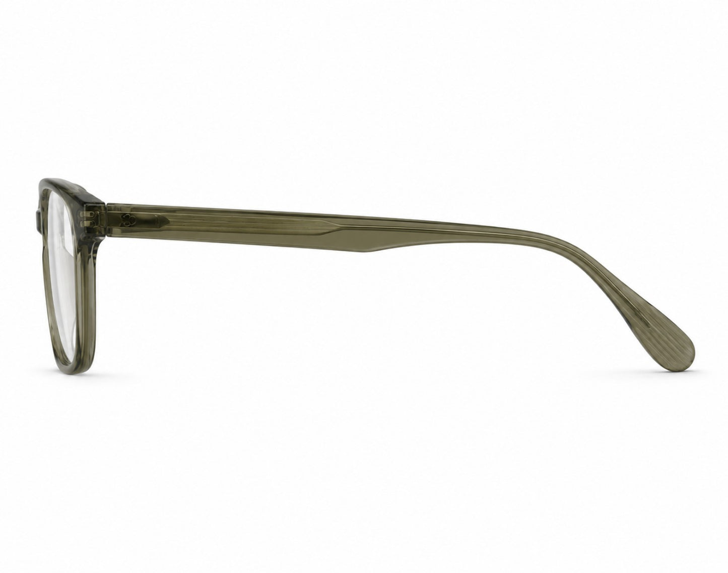 Left profile of the Almasi Kael™ optical frame showing the slim temple design and lightweight β-Ultem construction from Siri Eyewear.