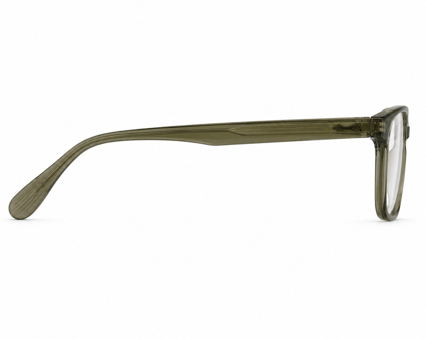 Right profile of the Almasi Kael™ premium optical frame featuring Olive Mist β-Ultem temples and precision-engineered construction.