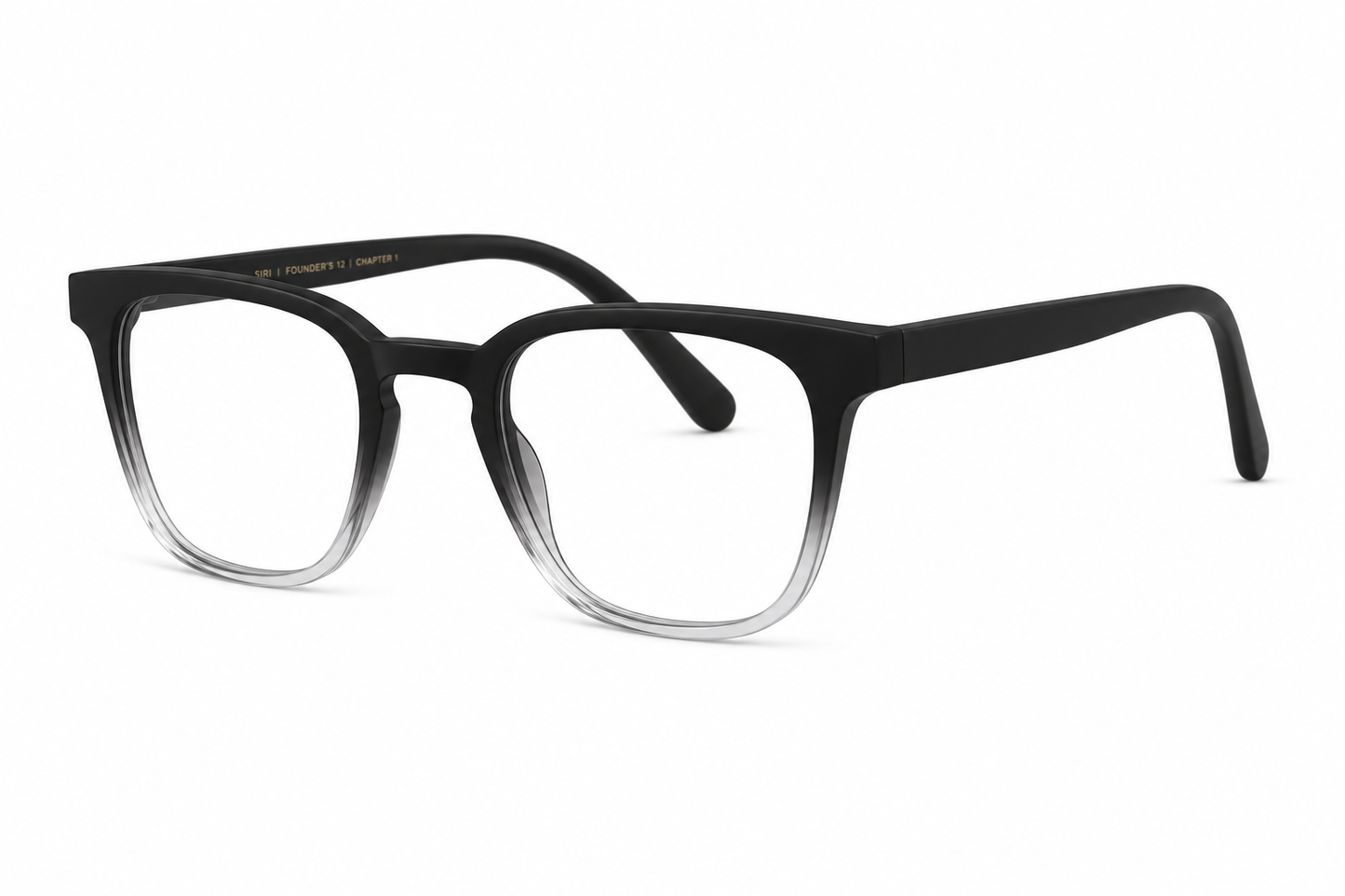 Almasi Nera™ premium optical frame in Crystal Smoke Fade shown at a 45-degree left angle.
