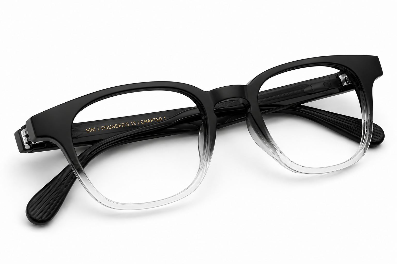 Folded side view of the Almasi Nera™ premium optical frame in Crystal Smoke Fade.