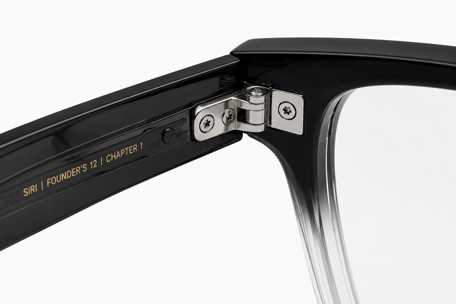 Close-up of the precision hinge on the Almasi Nera™ premium optical frame.