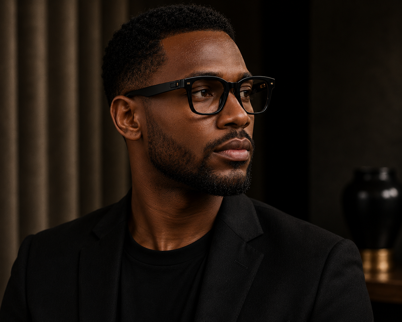 Almasi Vela premium optical frame styled in a luxury editorial setting.