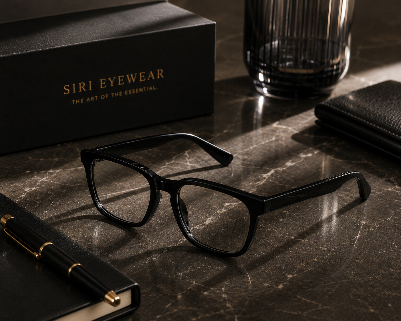 Almasi Vela premium optical frame styled in a luxury editorial setting.