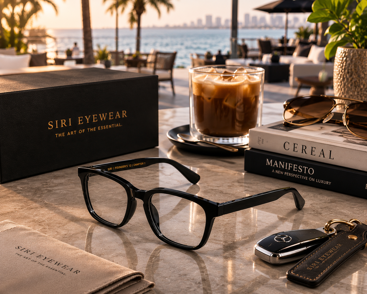 Almasi Vela designer eyeglasses showcased in a premium modern lifestyle environment.