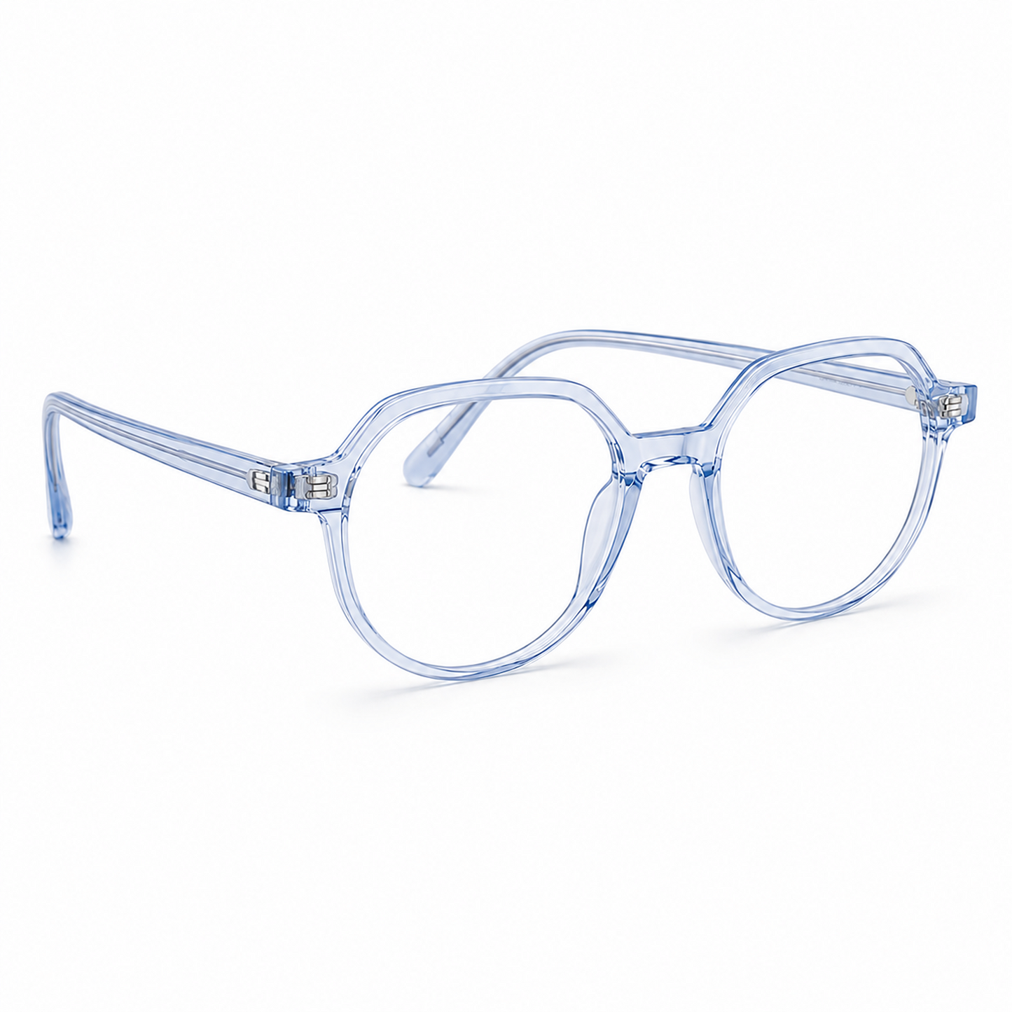 Daira Ciro™ premium optical frame in Ice Blue Crystal shown at a 45-degree right angle.