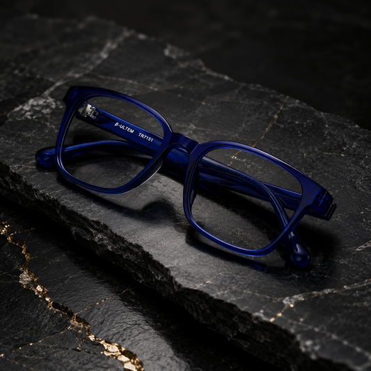 Siri Sael premium optical frame in Cobalt Blue styled in a luxury editorial setting.