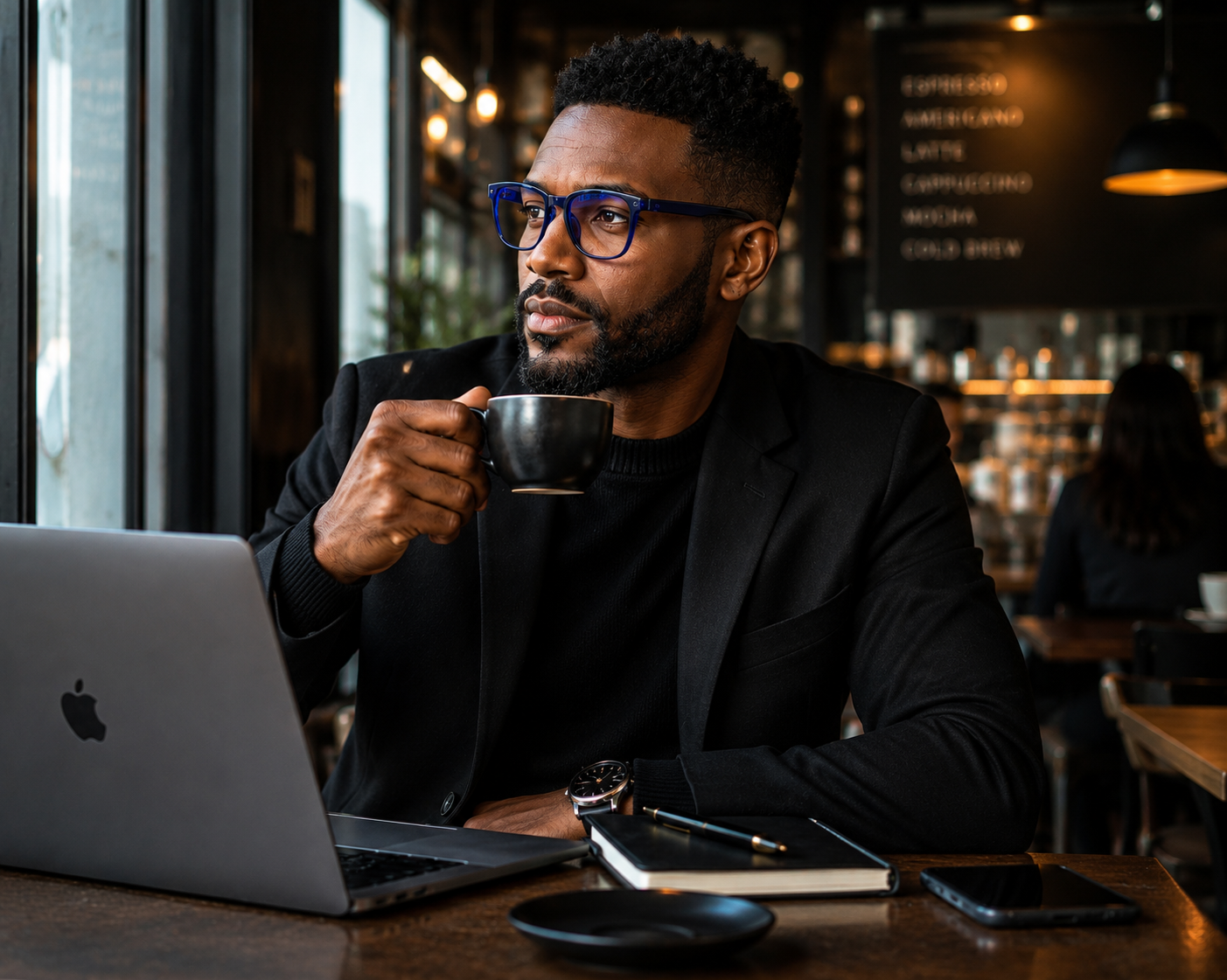 Siri Sael premium optical frame in a luxury café lifestyle scene.