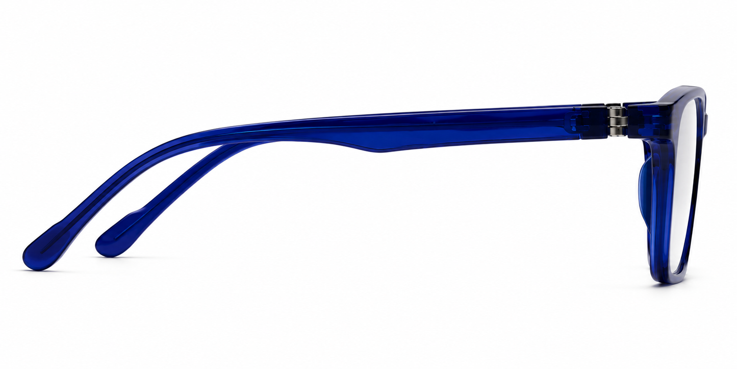 Right profile of the Siri Sael premium acetate optical frame in Cobalt Blue.