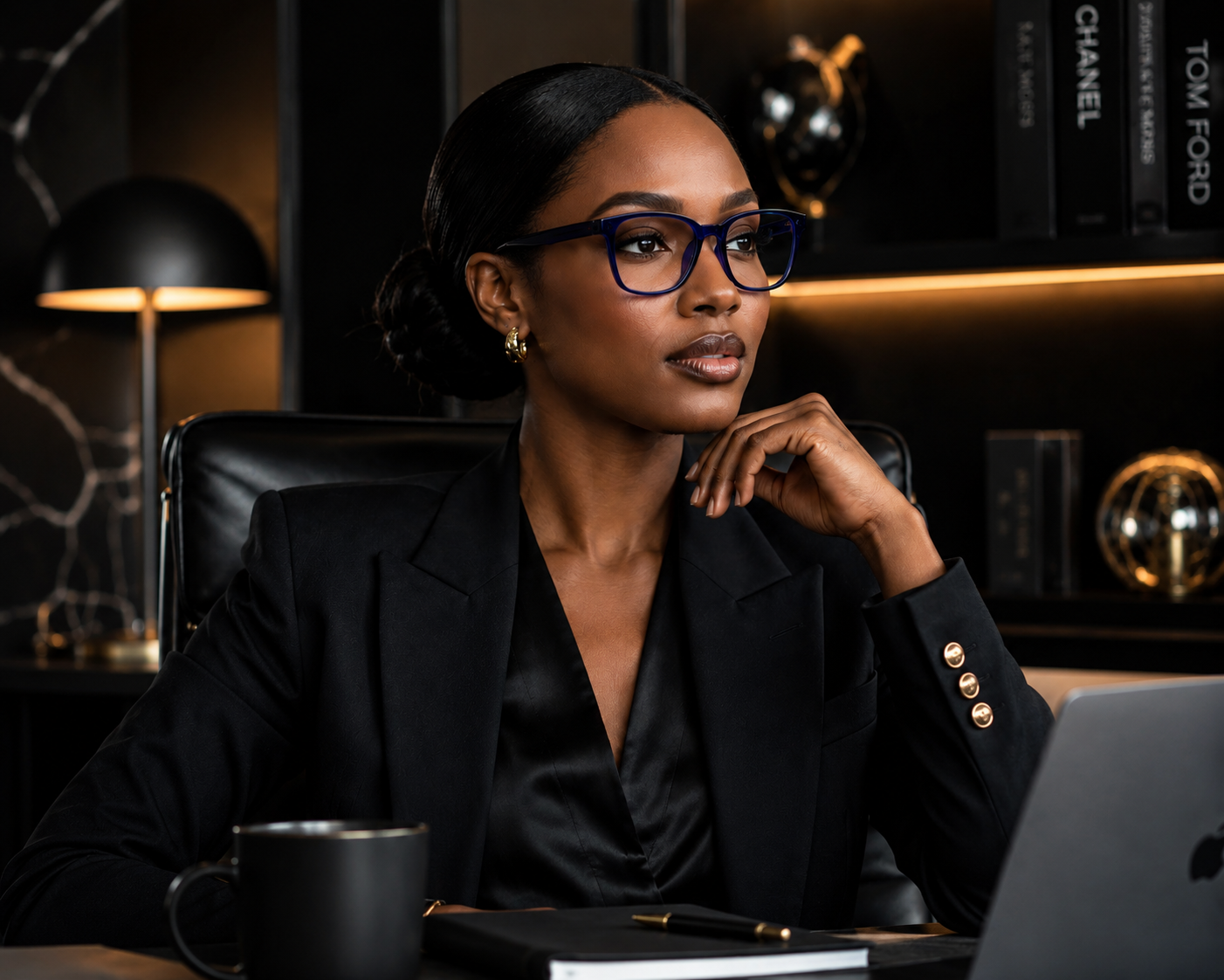 Black African executive wearing Siri Sael premium optical frame in Cobalt Blue.
