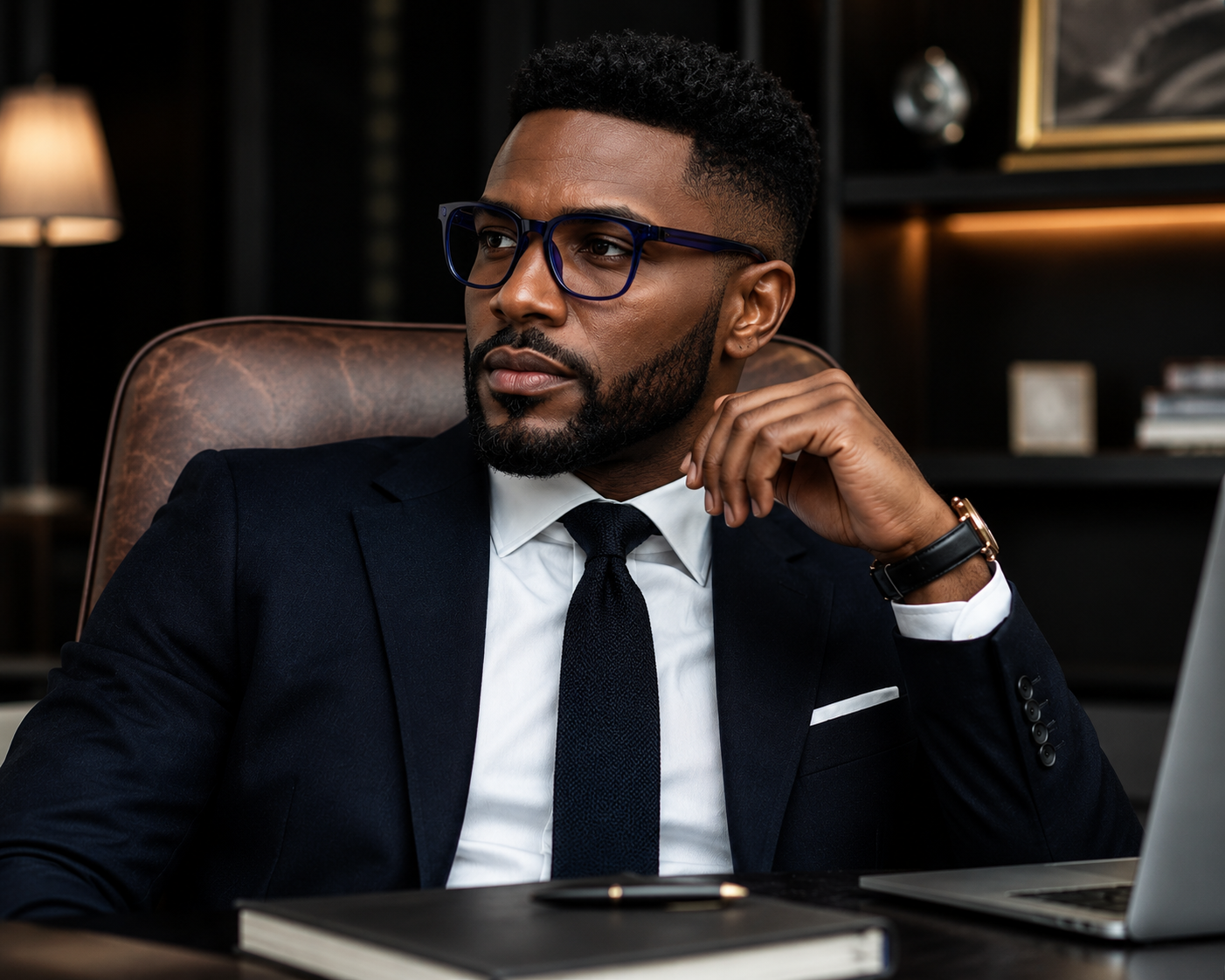 Black African executive wearing Siri Sael premium optical frame in Cobalt Blue.