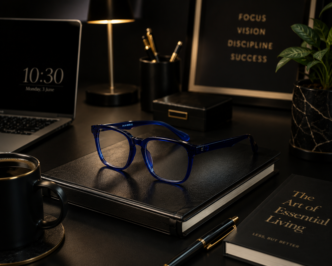Siri Sael premium optical frame in a modern executive workspace.